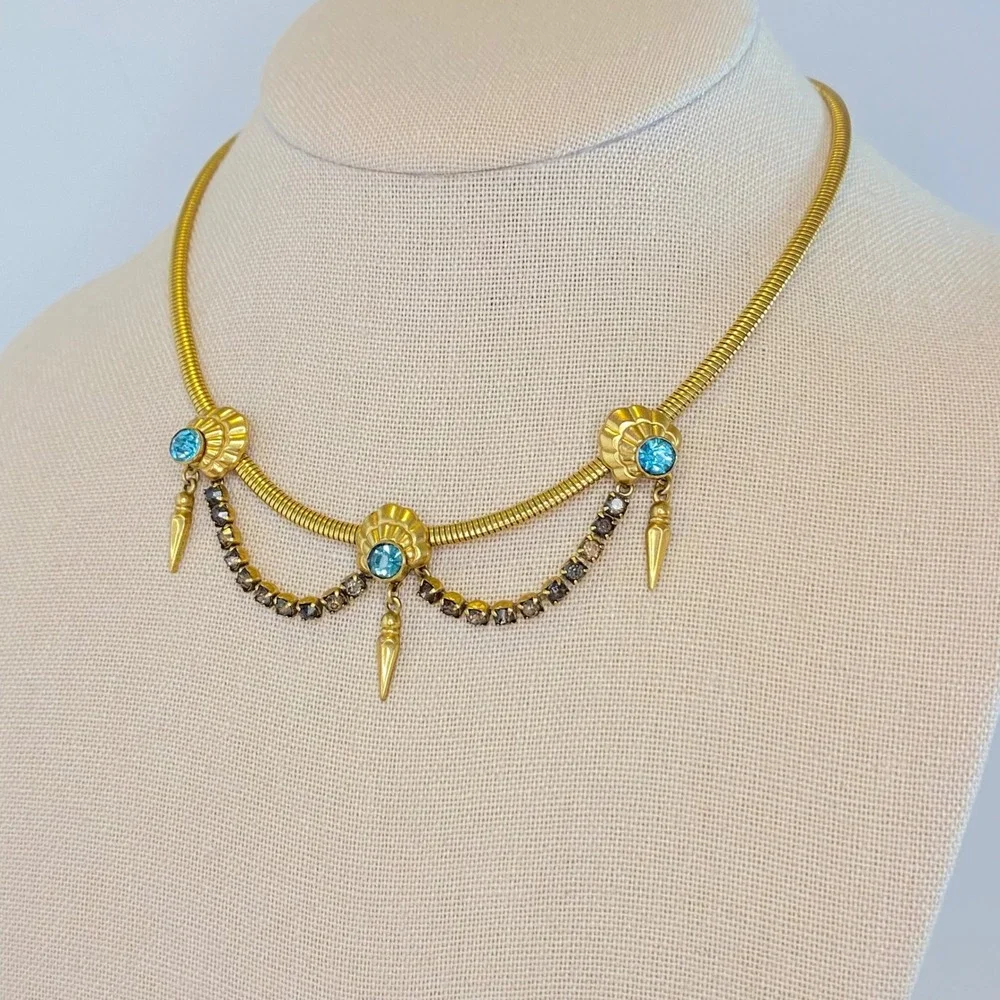 Vintage Gold‎ Filled Blue Rhinestone Festoon Snake Chain Spike Necklace 15